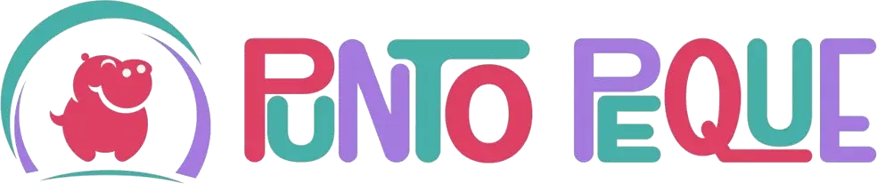 Logo de Punto Peque, que presenta un hipopótamo sonriente en color rosa y un diseño colorido con letras en tonos morados y verdes. Ideal para representar un negocio enfocado en productos o servicios para niños.