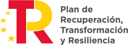 Logo del Plan de Recuperación, Transformación y Resiliencia, que incluye los colores de la bandera española y estrellas, simbolizando la unión europea y el compromiso con la recuperación económica.