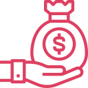 Icono de una mano sosteniendo una bolsa de dinero con un símbolo de dólar, representando finanzas y ahorro.